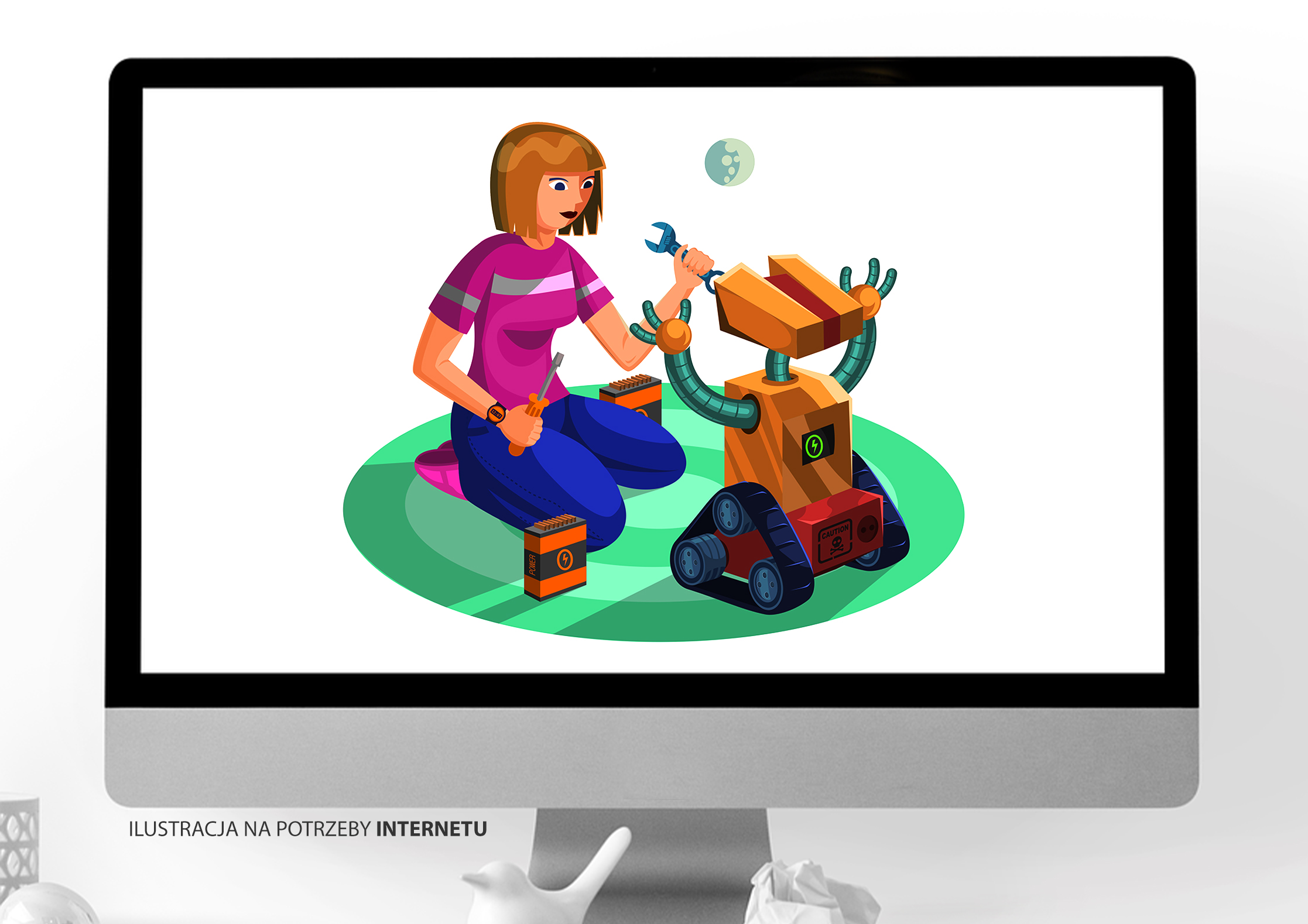 The girl repairing the robot